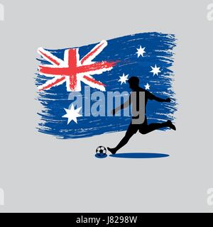 Giocatore di calcio azione con il Commonwealth of Australia bandiera sullo sfondo Illustrazione Vettoriale