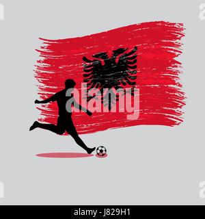 Giocatore di calcio azione con la Repubblica di Albania bandiera sul vettore di fondo Illustrazione Vettoriale