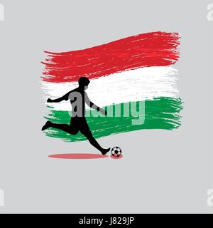 Giocatore di calcio azione con Ungheria bandiera sul vettore di fondo Illustrazione Vettoriale