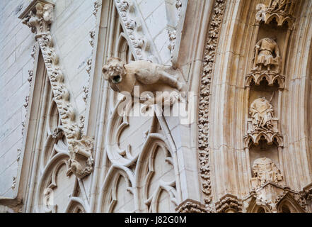 Francia, Lione, un Gargoyle abbagliamenti contro lo sfondo di decapitato angel statue nelle nicchie in vista in elevazione frontale del San Giovanni Battista Cathedr Foto Stock