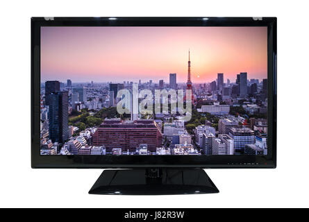 Grande led tv con vista cityscape isolati su sfondo bianco (con percorso di clipping) Foto Stock