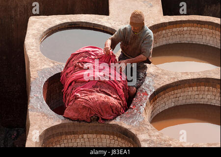 FEZ, MAROCCO - 20 FEBBRAIO 2017: Uomo non identificato che lavora all'interno dei buchi di vernice alla famosa Tannery Chouara nella medina di Fez - Marocco Foto Stock