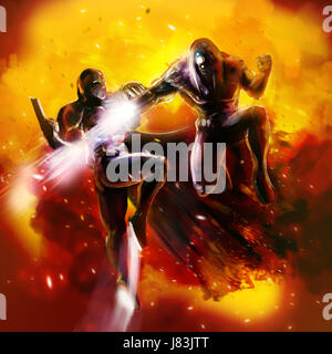 Fantasy warriors lotta. Fantascienza fantasy warrior soldati combattono con le pistole e tute corazzate. Foto Stock