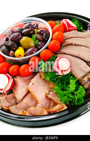 Freddo vassoio catarro prosciutto affettato platter tagli di carne alimentare salute aliment isolato Foto Stock