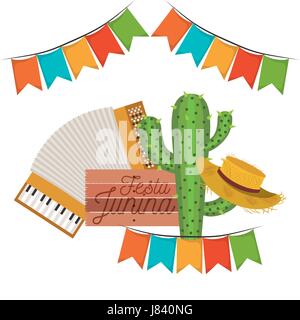 Sfondo bianco con cactus e hat e fisarmonica in festa junina Illustrazione Vettoriale