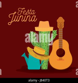 Poster colorati festa junina con sottofondo di chitarra e cactus e hat Illustrazione Vettoriale