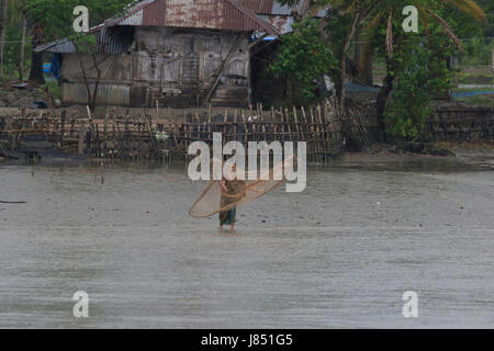 Una donna si ritiene che le catture di pesci in un canale in Sunderbans, un sito Patrimonio Mondiale dell'UNESCO e un santuario della fauna selvatica in Bangladesh Foto Stock