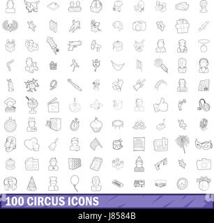 100 circus set di icone di stile di contorno Illustrazione Vettoriale