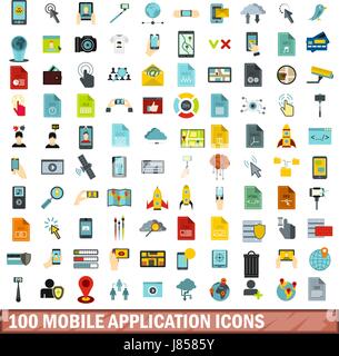 100 mobile applicazione set di icone di stile di Piana Illustrazione Vettoriale