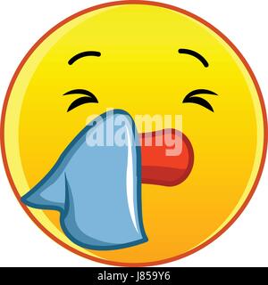 Emoticon giallo tergi il suo naso e icona di stile cartone animato Illustrazione Vettoriale