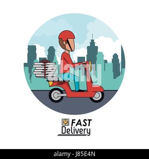 Cornice circolare poster paesaggio cittadino con fast pizza consegna uomo in rosso scooter Illustrazione Vettoriale