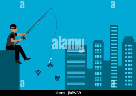 Un ladro è rubare wifi con canna da pesca. Uomo Mascherato con canna da pesca il phishing nella città. Attacco di phishing, pesca, hacker, protezione web Vettore Illustrazione Vettoriale