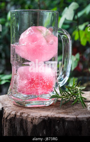 Aroma di lampone ghiaccio in acqua di soda decorate con rosmarino posto sul moncone di legno Foto Stock