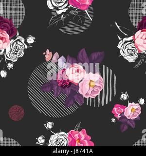 Floral seamless pattern con mazzi di rose selvatiche fiori e grigio elementi rotondi di texture diverse su sfondo nero. Illustrazione Vettoriale in stile retrò per la stampa tessile, la carta di avvolgimento Illustrazione Vettoriale