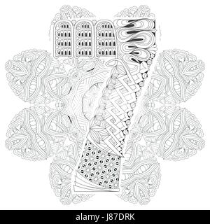 Dipinte a mano e art design. Adulto anti-stress pagina di colorazione. In bianco e nero disegnato a mano mandala illustrazione con numero sette per il libro da colorare Illustrazione Vettoriale