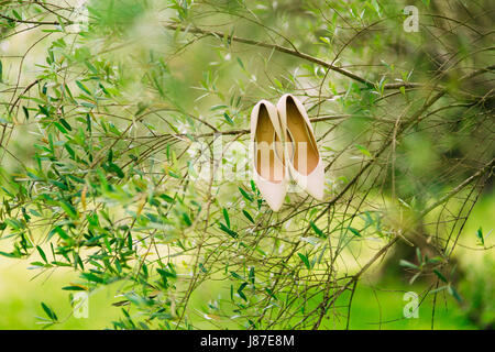 Crema leggera Scarpe sposa appeso su un ramo di olivo. Foto Stock