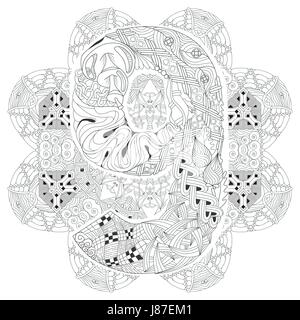 Dipinte a mano e art design. Adulto anti-stress pagina di colorazione. In bianco e nero disegnato a mano mandala illustrazione con numero nove per il libro da colorare Illustrazione Vettoriale
