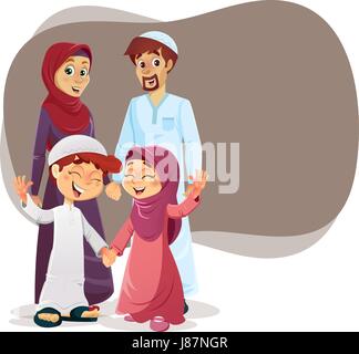 Felice famiglia musulmana di genitori e figli Illustrazione Vettoriale