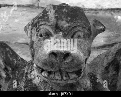 Gargoyle medievale fave sulla chiesa di pietra parete in york Foto Stock