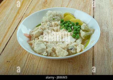 Baccala alla Vicentina - piatto Venetian-Italian nativo di Vicenza che è fatta di stoccafisso, un aria secca fis Foto Stock