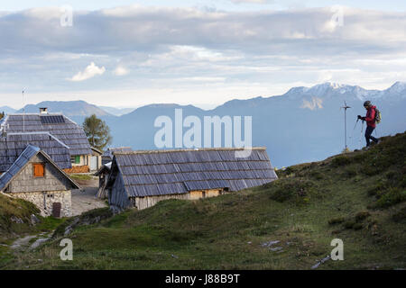 Donna escursionismo sul prato Krstenica, Bohinj, Slovenia. Foto Stock