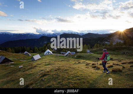 Donna escursionismo sul prato Krstenica, Bohinj, Slovenia. Foto Stock