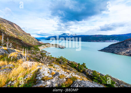 Lago Pehoe,Patagonia Cile - un ghiacciaio in Patagonia meridionale del campo di ghiaccio, la Cordigliera del Paine Foto Stock