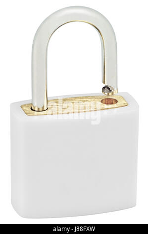 Bianco lucchetto isolato Macro Closeup, grande verticale dettagliato studio Shot, aprire il dispositivo di bloccaggio di sicurezza protezione concetto, ottone dorato Foto Stock