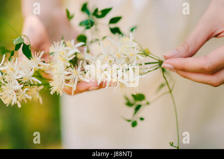 Gli anelli di nozze i fiori di gelsomino nelle mani della sposa. Gioielli di nozze. Foto Stock