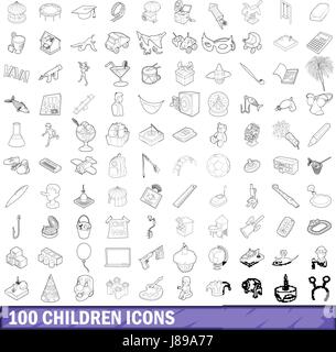 100 bambini set di icone di stile di contorno Illustrazione Vettoriale