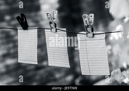 Nota carta da libro appeso sulla linea di lavaggio. Foto Stock