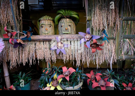 Una casa decorata con banane e piante per San Isidro Pahiyas Harvest Festival in onore del santo patrono degli agricoltori Saint Isidore il Labourer nella città di Lucban o Lukban situato ai piedi del Monte Banahaw nella provincia di Quezon nelle Filippine Foto Stock