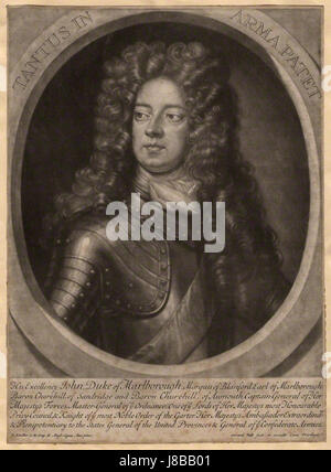 Questa incisione raffigura John Churchill, i duca di Marlborough, un importante leader militare britannico, ritratto da Gerard Valck dopo un ritratto di Sir Godfrey Kneller. Churchill è ricordato per le sue vittorie nella guerra di successione spagnola. Foto Stock