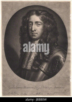 Questa opera d'arte di Gerard Valck, basata sul ritratto di Sir Peter Lely, raffigura re Guglielmo III quando era principe d'Orange. Guglielmo III in seguito divenne re d'Inghilterra, Irlanda e Scozia, noto per il suo ruolo nella Gloriosa Rivoluzione. Il dipinto ritrae il principe nei suoi primi giorni, mostrando un'immagine regale e dignitosa. L'opera riflette l'influenza dello stile di Sir Peter Lelyâ, popolare nel XVII secolo. Foto Stock