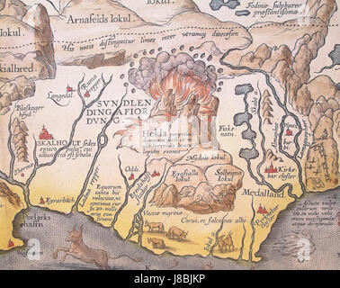 Questa mappa dettagliata di A. Ortelius del 1585 raffigura il vulcano islandese Hekla, uno dei vulcani più attivi di Icelandâ. Ortelius fu un pioniere nella cartografia durante il periodo rinascimentale, e questa mappa riflette le prime esplorazioni dell'Islanda. Foto Stock