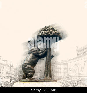 Migliorate digitalmente immagine di Orso e Berry tree statua il simbolo della città di Madrid fotografati a Puerta del Sol di Madrid, Spagna Foto Stock