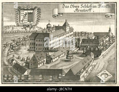 Le opere d'arte di Michael Wening presentano l'Oberes Schloss Arnstorf, uno storico castello in Baviera, Germania. Il pezzo riflette l'approccio dettagliato di Wening alle illustrazioni architettoniche, mostrando la struttura del castello e il paesaggio circostante. Foto Stock
