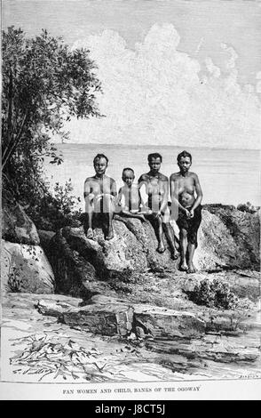 Questa immagine raffigura una donna e un bambino del popolo fan, un gruppo etnico dell'Africa centrale, che si trova sulle rive del fiume Ogoway. La scena enfatizza la vita quotidiana e l'abbigliamento tradizionale dei fan nel loro ambiente naturale. Foto Stock