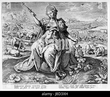 Questa opera di Marten de Vos e Adriaen Collaert, intitolata "Europa", illustra la storia mitologica di Europa, una figura della mitologia greca. Mostra i temi classici della mitologia attraverso le tecniche di incisione rinascimentale. Foto Stock