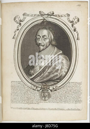 Questa incisione, creata da Nicolas de Larmessin, presenta Armand Jean du Plessis, il cardinale duca di Richelieu, una figura chiave nella Francia del XVII secolo nota per la sua influenza politica e militare. L'opera d'arte cattura la sua somiglianza nei minimi dettagli. Foto Stock