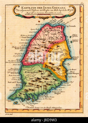 Questa mappa storica mostra Grenada come apparve nel 1758. Mette in evidenza le principali caratteristiche geografiche e i luoghi durante l'era coloniale, offrendo informazioni sul paesaggio dell'isola e sui modelli di insediamento di quel tempo. Foto Stock