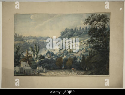 La scansione di un'immagine originale della raffigurazione di Edward Walsh di Queenstown (ora Queenston), Ontario, sul fiume Niagara. Questa opera d'arte cattura l'ambientazione storica dell'area durante i primi anni dell'alto Canada. Foto Stock