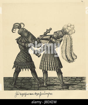 Una riproduzione di un'illustrazione manoscritta medievale della serie "Freydal", raffigurante una scena del manoscritto tedesco "Freydal" del XV secolo, che mostra cavalieri cavallereschi e tornei medievali. Foto Stock