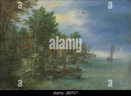 Jan Brueghel Gezicht op een Dorp Aan een rivier Foto Stock