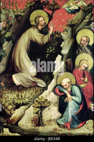 L'Agonia nel Giardino del Maestro dell'altare Wittingauer è una pala d'altare dettagliata raffigurante la scena biblica di Cristo che prega nel Giardino del Getsemani. L'opera d'arte, tipica dell'arte religiosa tardo medievale, enfatizza l'espressione emotiva e la sofferenza divina. Foto Stock