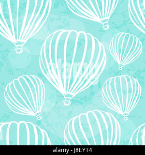 Un freehand stile retrò seamless pattern con i palloni ad aria calda in un teal blue sky con tratti di pennello Foto Stock