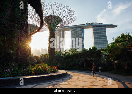 SINGAPORE, Singapore - 17 febbraio: turistici pongono per foto a La scanalatura Supertree presso i giardini dalla baia su 17, 2016 a Singapore. Foto Stock