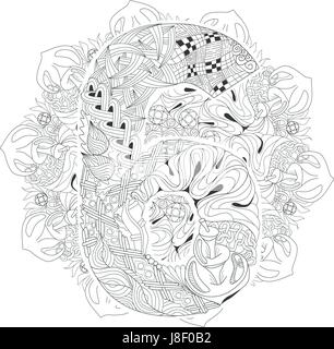 Dipinte a mano e art design. Adulto anti-stress pagina di colorazione. In bianco e nero disegnato a mano mandala illustrazione con numero sei per il libro da colorare Illustrazione Vettoriale