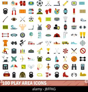 100 area gioco set di icone di stile di Piana Illustrazione Vettoriale