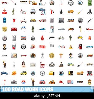 100 lavori stradali set di icone, stile cartoon Illustrazione Vettoriale
